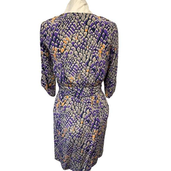 Presley Skye XS 100% Silk Abstract Print Wrap Dress W/ Belt Purple Peach & Grey - Picture 4 of 7